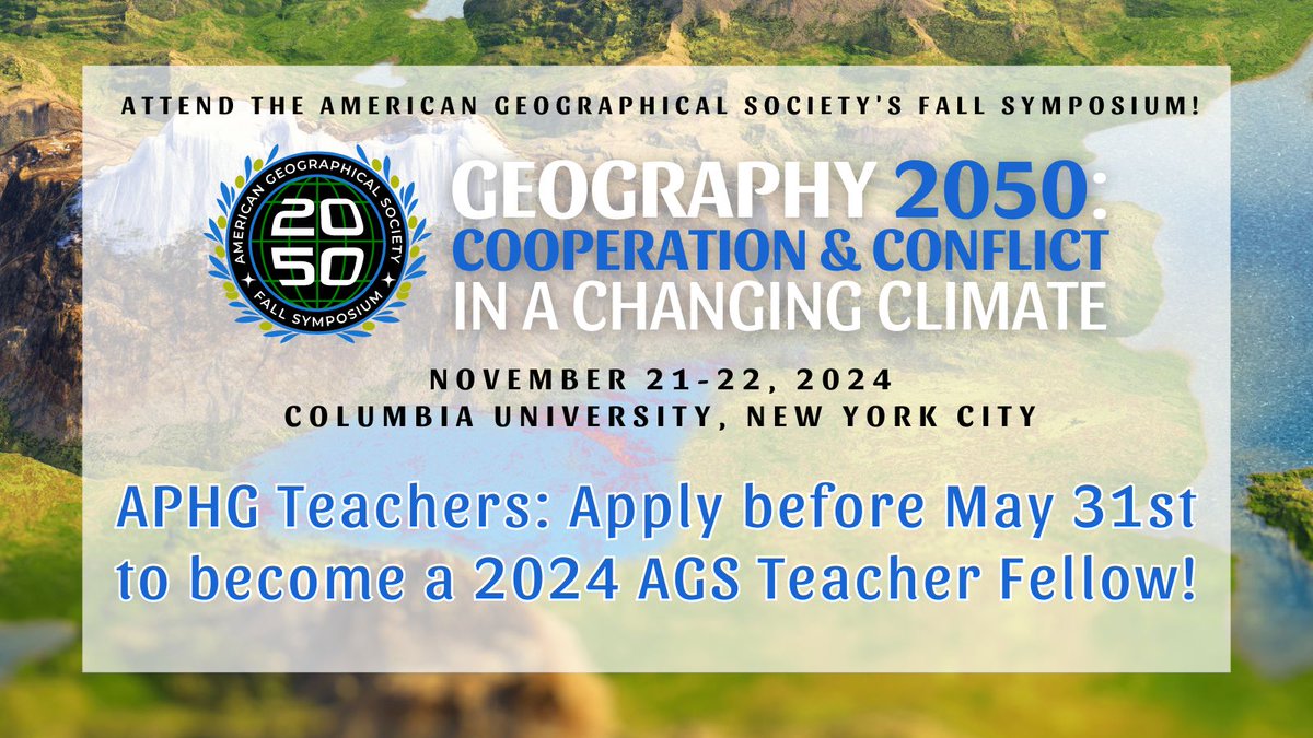 #APHG #Teachers! Elevate your classroom experience by becoming a 2024 AGS Teacher Fellow. We look forward to welcoming a new class of Teacher Fellows to this year's Symposium, @geography2050, on November 21-23, 2024, at Columbia University. Apply: docs.google.com/forms/d/e/1FAI…