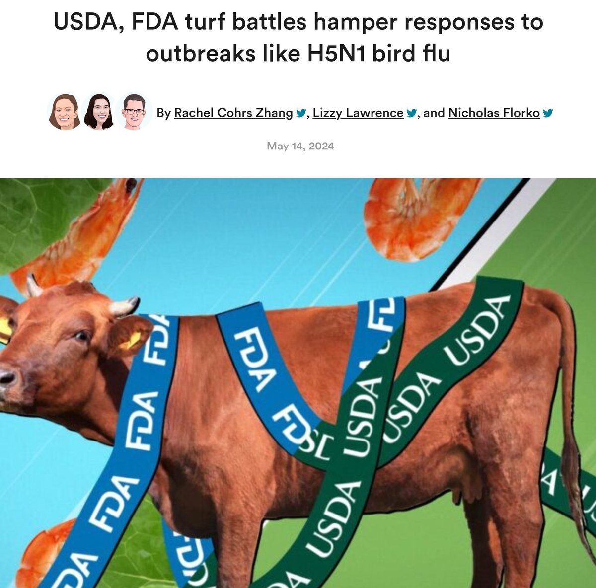 Excellent piece that doesn't exactly inspire confidence in our ability to address H5N1. USDA regulates meat/poultry/eggs & promotes US agriculture. FDA focuses on food & drug safety under HHS. *No federal agency has the authority to test for human diseases on farms and feedlots.*