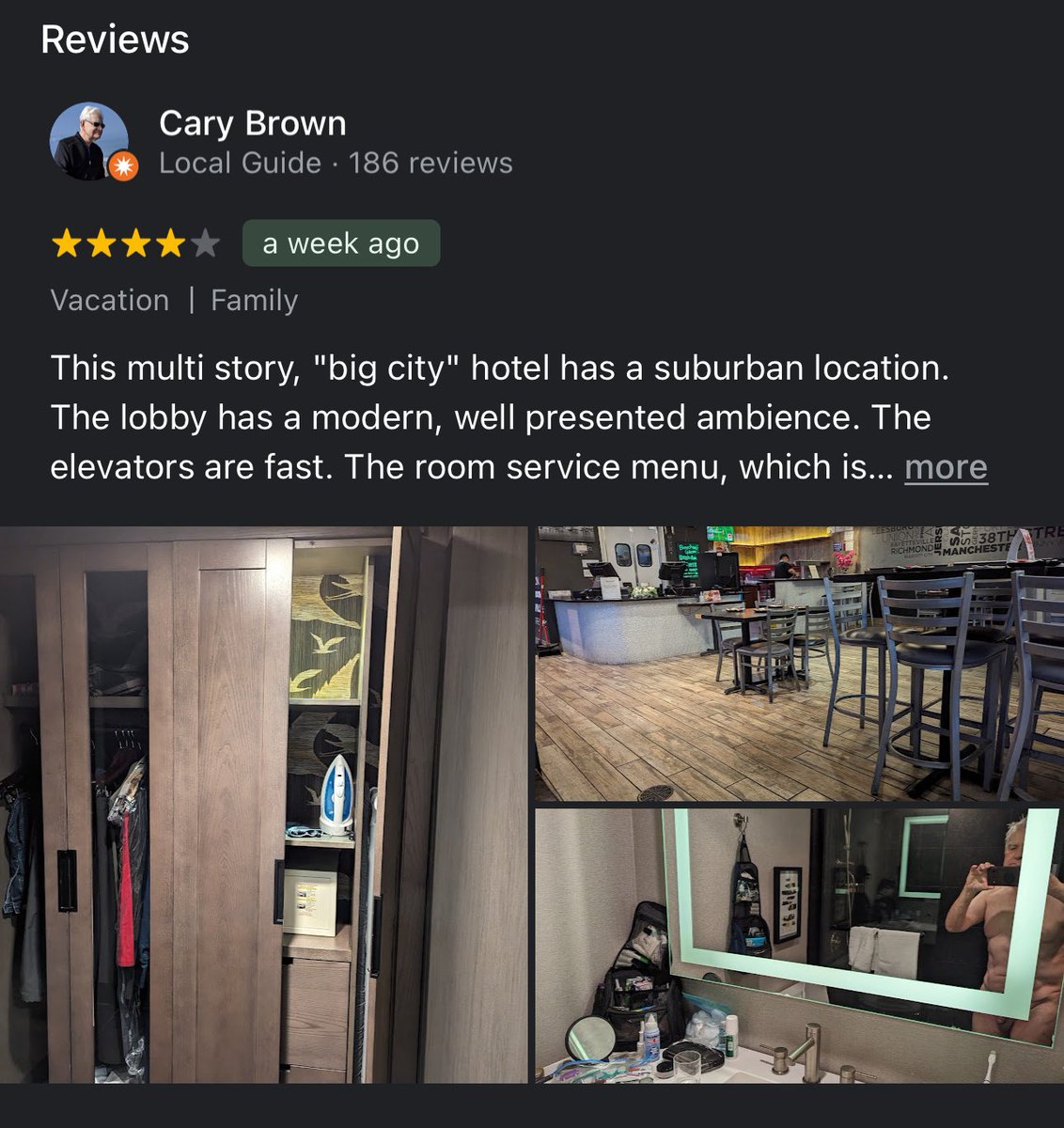 Searching reviews for hotels for an upcoming trip. 
Not sure if I want to stay in any room Cary Brown has stayed in. 
What’s wrong with people? 
#WheresWaldo
#googlereviews
#google
#alphabet