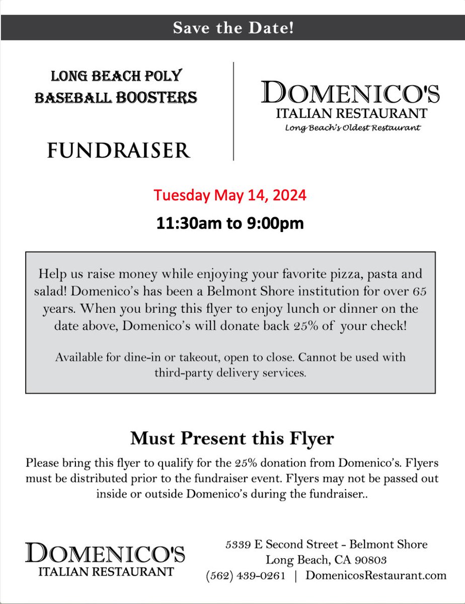 Join us at Domenico's today and they will donate 25% of the proceeds back to our program!

Bring the attached flyer, dine in or take out, enjoy amazing food and help support #jackrabbitbaseball #longbeachpoly #Fundraiser