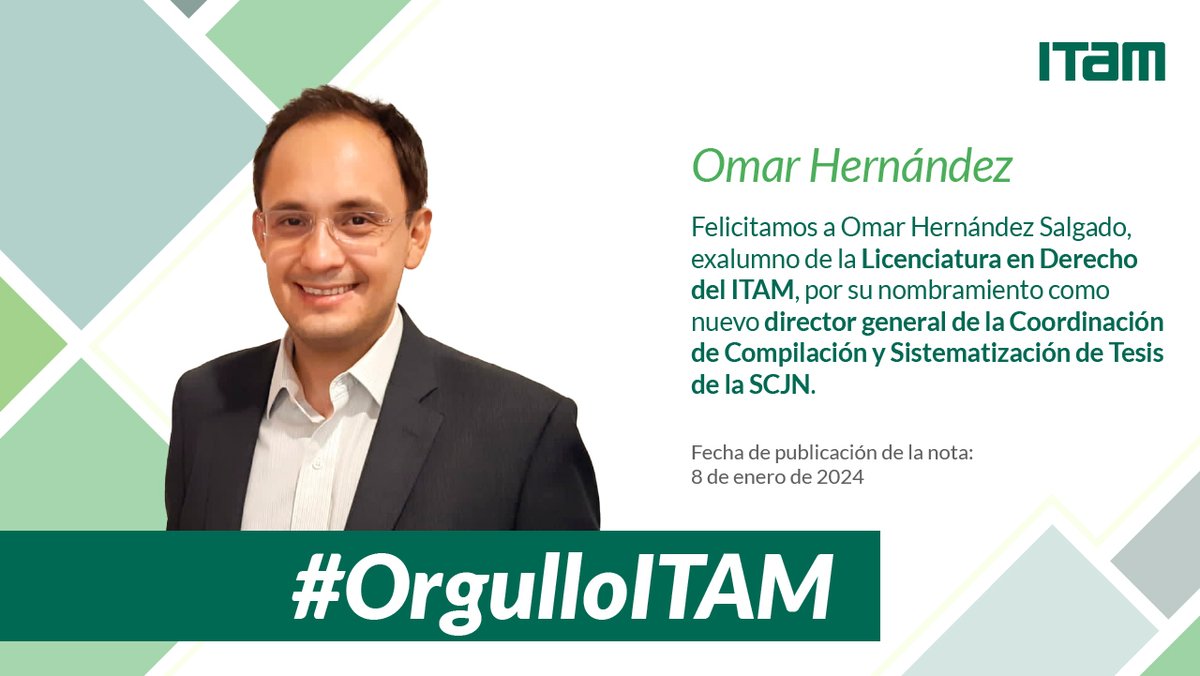 #OrgulloITAM | Omar Hernández, exalumno de la Licenciatura en Derecho del ITAM, es el actual Director General de la Coordinación de Compilación y Sistematización de Tesis de la SCJN. Más en: cutt.ly/cwJFU0kX