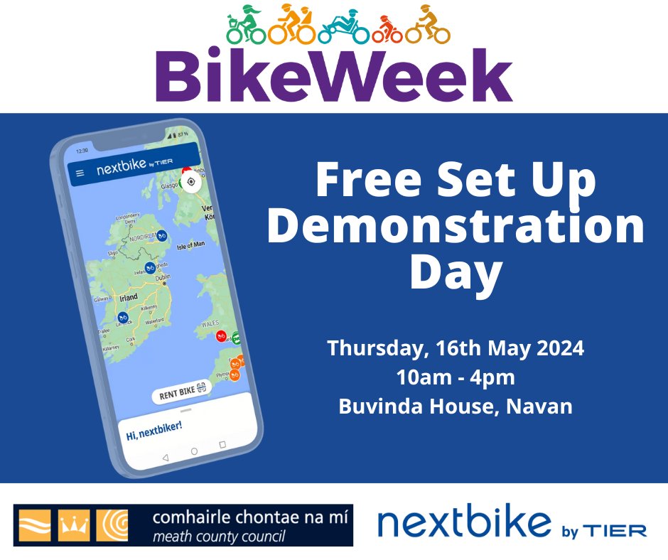 All new users who sign up to the App during Bike Week will get a FREE 30 minute cycle pass (valid during bike week 2024) Sign up for the App at bit.ly/3UYvgSE and use the code 78611 or join us at Buvinda House, Navan on Thursday 16th May. #BikeWeek #BikeWeek2024