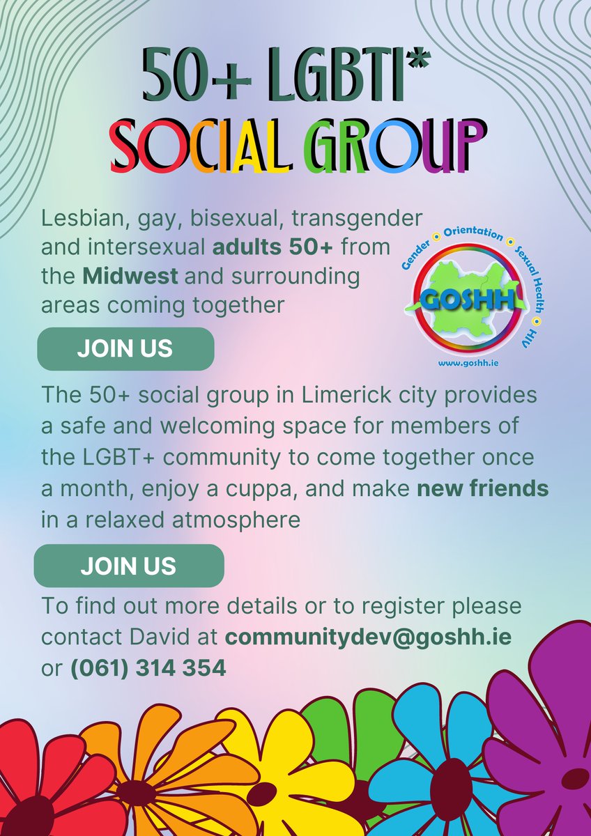 Are you part of the LGBTI+ community in the Mid-West and surrounding areas? Are you aged 50 or over? Our pals at @GOSHHirl launched their new 50+ Social Group! To find out more, email 👉 communitydev@goshh.ie