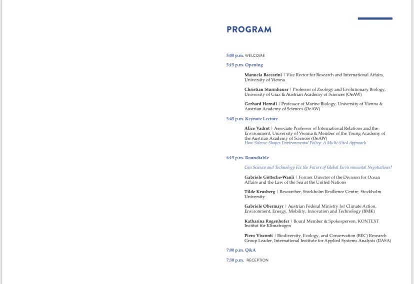 Very excited to share the final programme of our @oeaw @univienna @ERC_Research event: The Future of global environmental negotiations: assessing the role of science and technology Join us on 6.6. at 5pm @oeaw or online via livestream Register here: shorturl.at/epDK4