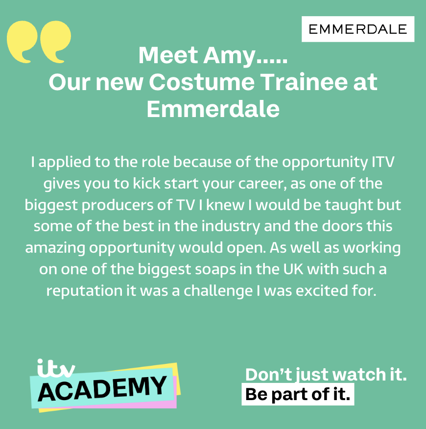 Meet our trainee..... Amy 💫

Amy recently joined @emmerdale as a Costume Trainee.

Welcome Amy, we are excited to watch your career unfold! 👏🎬

@_CreativeAccess #itv #itvacademy #BePartofit