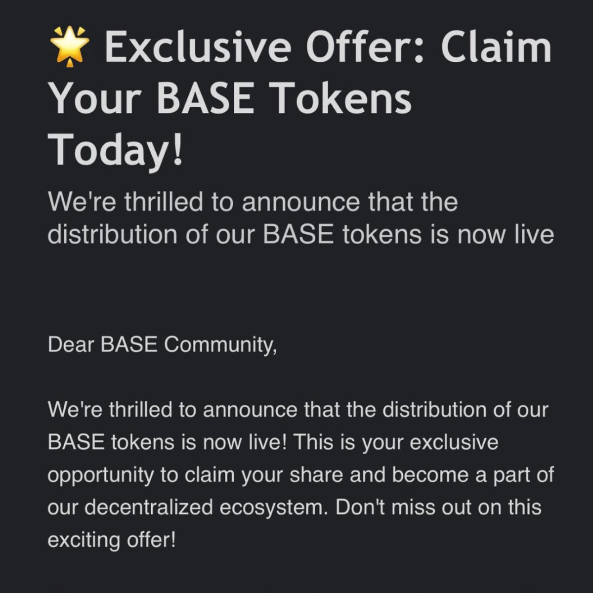🚨 SCAM ALERT 🚨 Please do not interact with any email or posts offering a claim for BASE tokens! The gas token for @base is Ethereum and they have no plans to release a native token. Always verify offers and links with official sources before connecting your Web3 wallet.