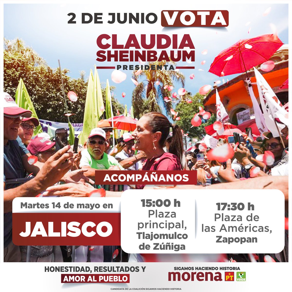 La alegría y la esperanza se contagiarán en Jalisco con la visita de nuestra próxima presidenta, @claudiashein. Acompañémosla hoy a partir de las 15 hrs.