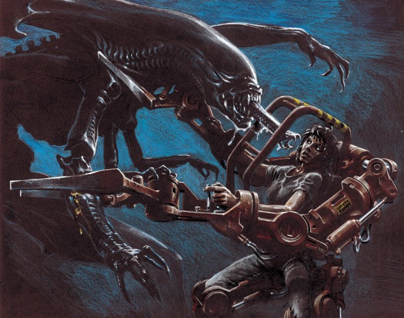 CyberpunkSF's tweet image. Early concept art of 'Ripley vs. The Alien Queen' by James Cameron for "Aliens" (1984)