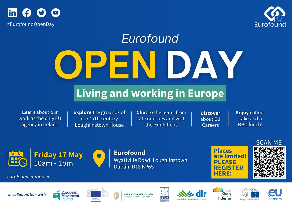 We are delighted to be joining @eurofound at their premises in Loughlinstown for #EurofoundOpenDay this Friday, 17 May from 10am - 1pm. We are looking forward to lots of fun and engagement on the day! There are still some free spaces available so make sure to register here:
