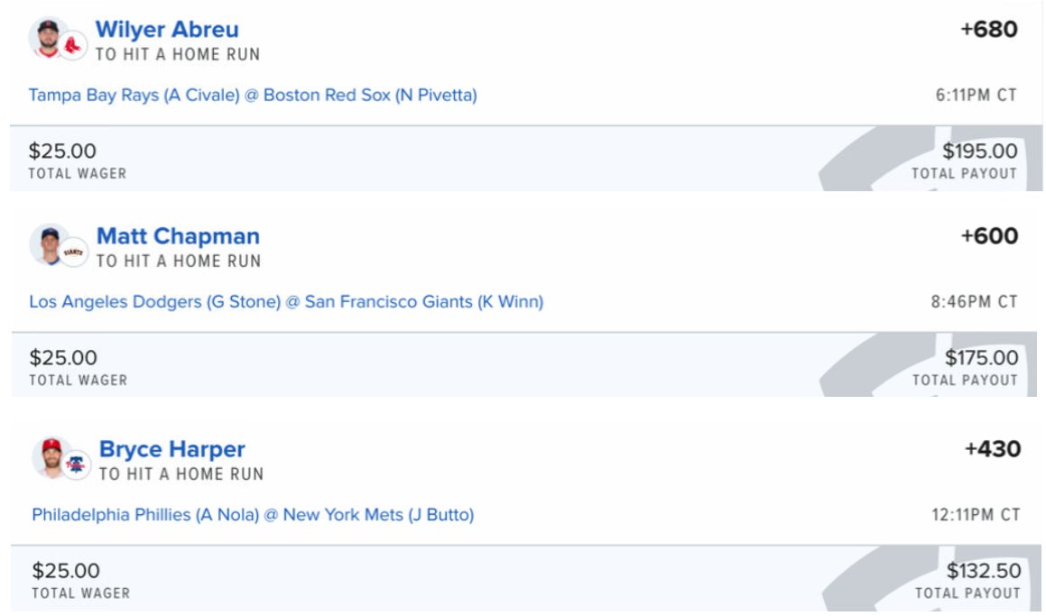 EdgePlayBook's tweet photo. #BetInPublic #SteadyEdge #DingerEdge who needs #RoaringKitty and $GME when you can grind and make profit with #EVBetting everyday? The next 3 plays for the day are all around fair, giving them over 30% EV with the promo on #FanDuel
1β£ #WilyerAbreu +680
2β£ #MattChapman +600
3β£ #BryceHarper +430
#GamblingX