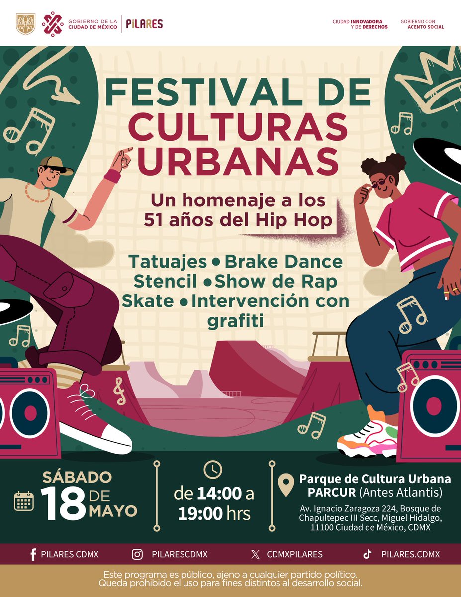 ¡Saca tus mejores rimas y pasos de brake dance en el Festival de Culturas Urbanas! 🎶😎 Los mejores talleristas de @CdmxPilares te esperan en PARCUR, Bosque de Chapultepec, para mostrarte sus conocimientos en el mundo del tatuaje, graffiti, arte circense, rap, danza aérea y…