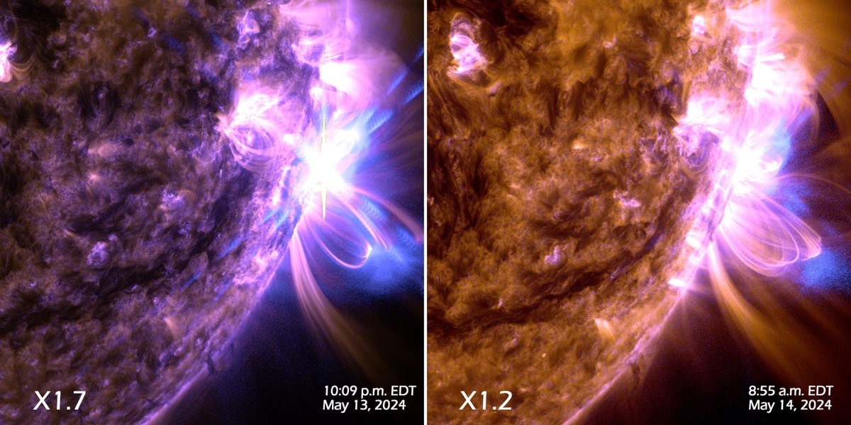 The Sun emitted two strong solar flares, the first peaking at 10:09pm ET on May 13, 2024, and the second peaking at 8:55am on May 14, 2024, NASA’s Solar Dynamics Observatory captured images of the event, which were classified as X1.7 and X1.2. go.nasa.gov/4bzKqmW