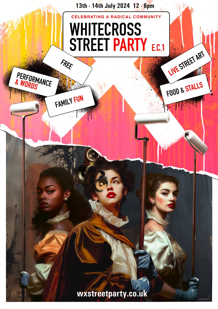 Whitecross Street Party is back for 2024. Sat and Sun, 13 and 14th July. 12-6pm for live street art, performance, food and stalls. Celebrating a radical community for the 14th year. No one is a misfit at WXSP.

Thanks to Epod for this year’s poster art.