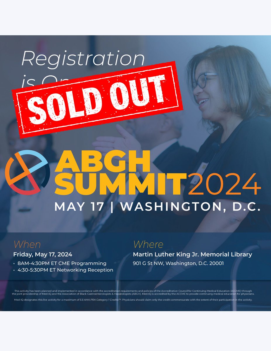 We are officially SOLD OUT, y'all!

We are so excited to see you in Washington, D.C. in a few short days to engage, collaborate, and make big waves to advance #healthequity in GI.

#abghsummit24 #blackingastro at #DDW2024