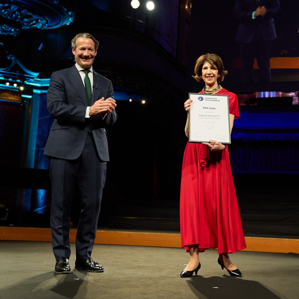 Fabiola Gianotti receives the 2024 prize from the “Fondation pour Genève” “I am very honoured and grateful to receive this prestigious award from the Fondation pour Genève. CERN’s mission and values, such as promoting scientific research and technological development, training
