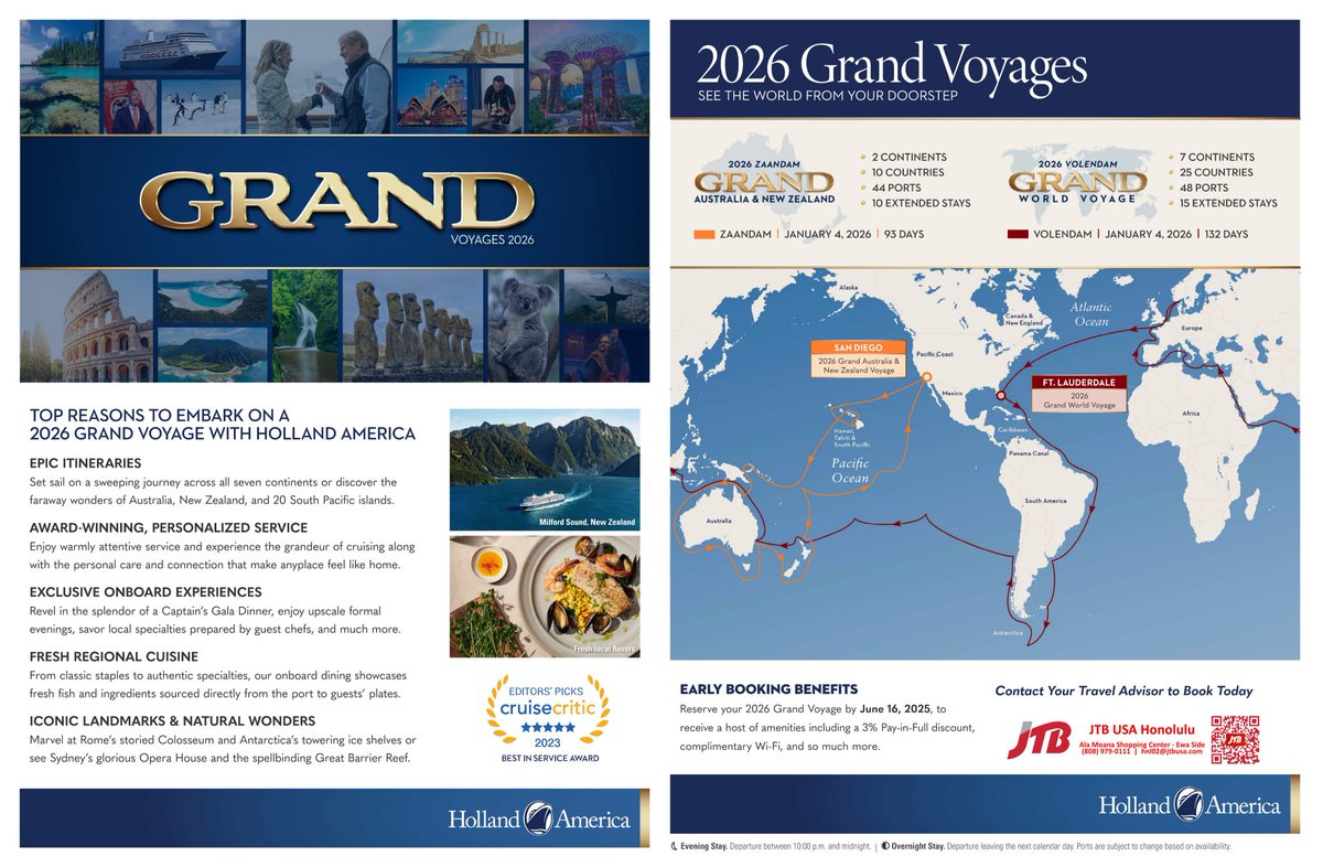 2026 Grand Voyages on sale now - cruise by JTB USA Honolulu at @AlaMoanaCenter and get on board with Holland America Line! 🛳️ 🤙

👉 jtbusa.com/Honolulu

#cruise #cruising #hollandamericaline #halcruise #hollandamerica #alamoana #alamoanacenter #sale