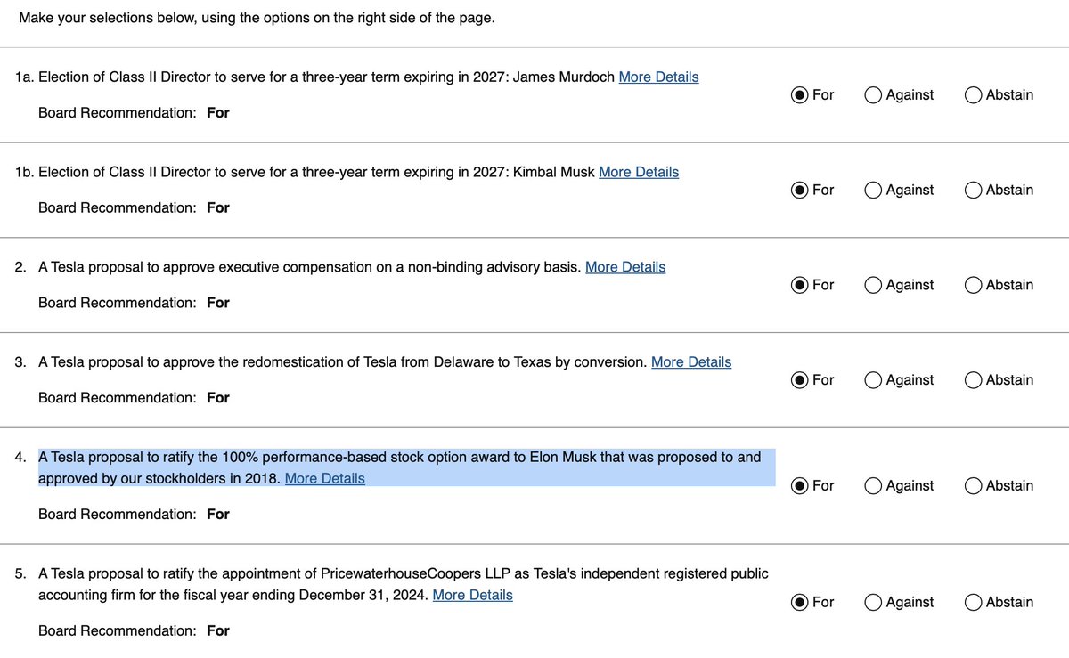 heydave7's tweet image. Just voted IN FAVOR to ratify the 100% performance-based stock option award to Elon Musk that was proposed to and approved by our stockholders in 2018.

Voting as a TSLA shareholder just takes a minute (simple as clicking on your brokerage email).