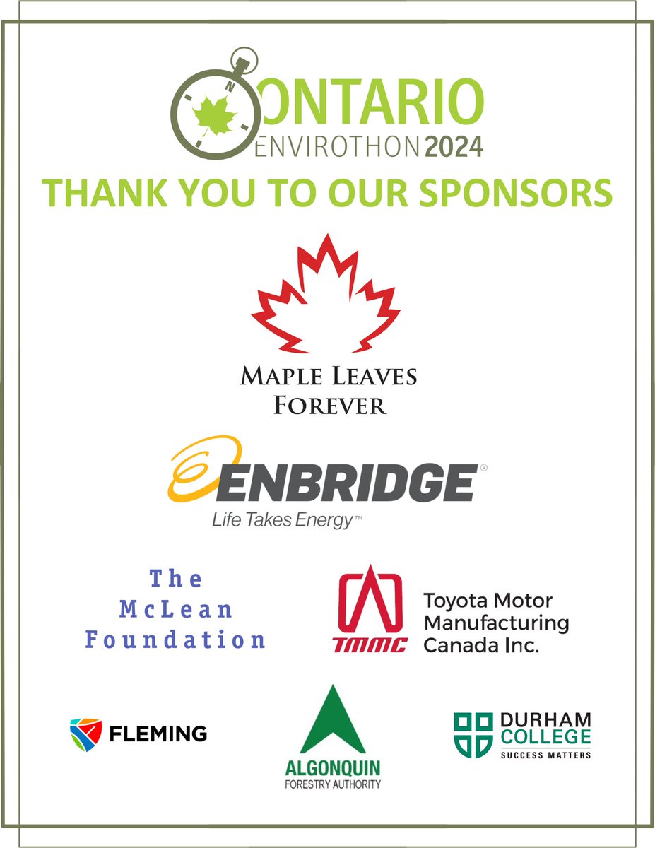 With #ONEnvirothon's provincial competition quickly approaching, we wanted to shout out our sponsors <a href="/MLeavesForever/">Maple Leaves Forever</a>, <a href="/Enbridge/">Enbridge</a>, The McLean Foundation, <a href="/ToyotaMfgCanada/">Toyota Motor Manufacturing Canada</a>, <a href="/FlemingCollege/">Fleming College</a>, <a href="/AFA_Algonquin/">Algonquin Forestry</a> &amp; <a href="/durhamcollege/">Durham College</a>. Thanks for supporting our future forest stewards!