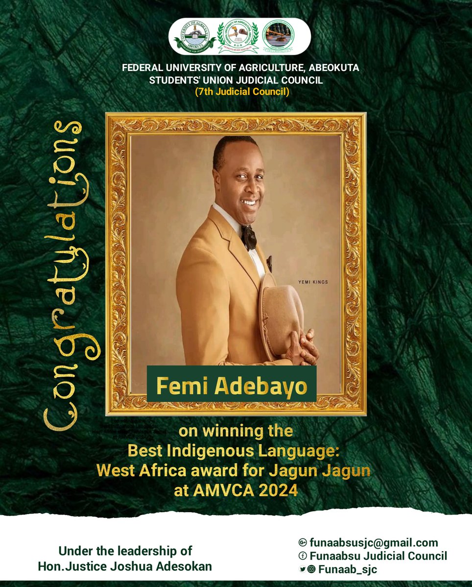 With great pride and admiration, we extend our congratulations to the esteemed Femi Adebayo, recognized not only as a legal scholar but also for his remarkable achievement in the entertainment industry! #amvca #FUNAABSUJudicialCouncil #7thFJC #FUNAABSU23/24 #FUNAABSUG #TeamUbutu