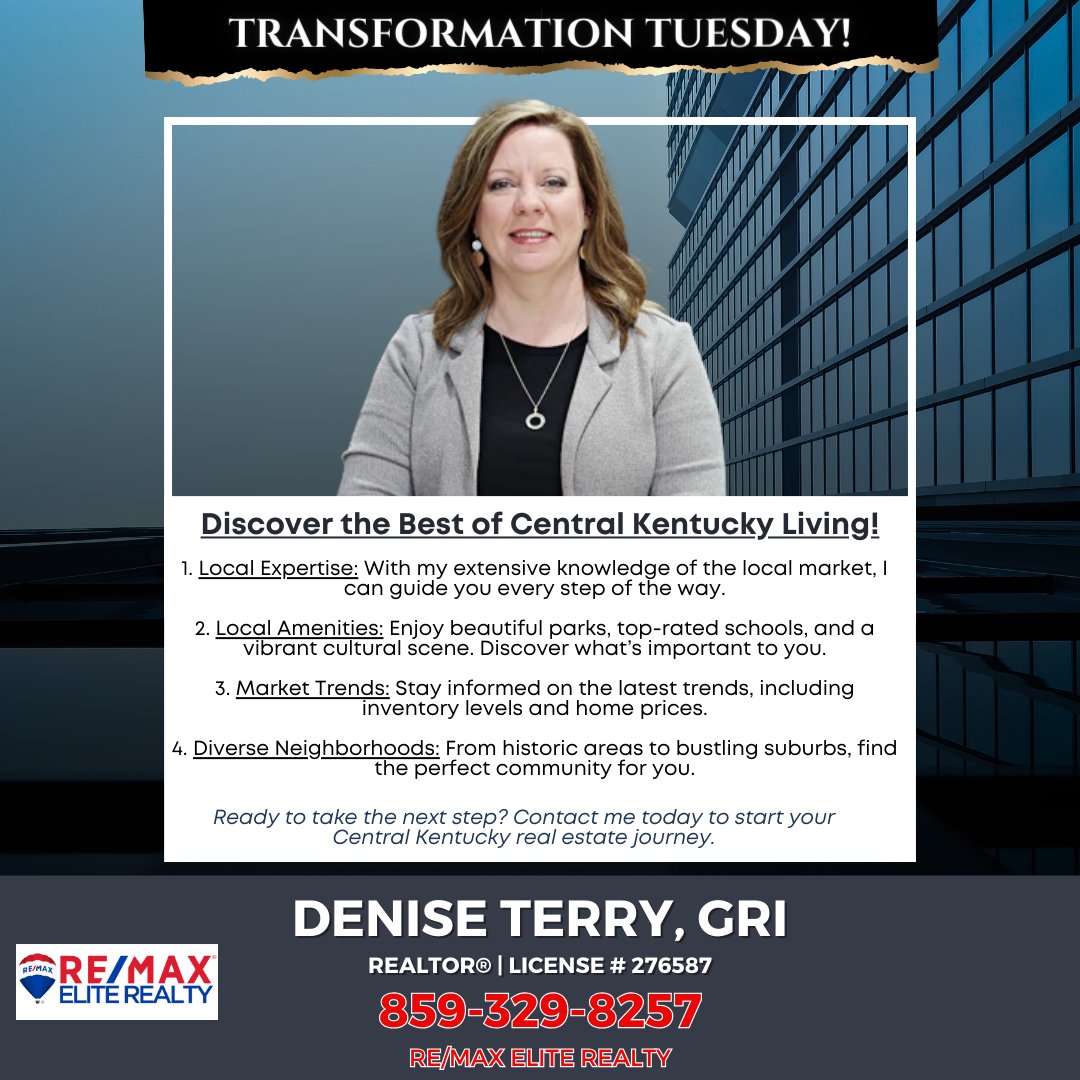 Denise Terry, GRI | REALTOR®, BROKER (@deniseterry94) on Twitter photo Ready for a real estate transformation? Explore Central Kentucky's vibrant market with tips to make your move seamless and successful.
#TransformationTuesday #RealEstate #NoHiddenFees #HiddenFREES #REMax #REMaxEliteRealty #Bluegrassrealtors #playingtowin <a href="/vaughtsviews/">Vaughts' Views</a> Ready for a real estate transformation? Explore Central Kentucky's vibrant market with tips to make your move seamless and successful.
#TransformationTuesday #RealEstate #NoHiddenFees #HiddenFREES #REMax #REMaxEliteRealty #Bluegrassrealtors #playingtowin <a href="/vaughtsviews/">Vaughts' Views</a>