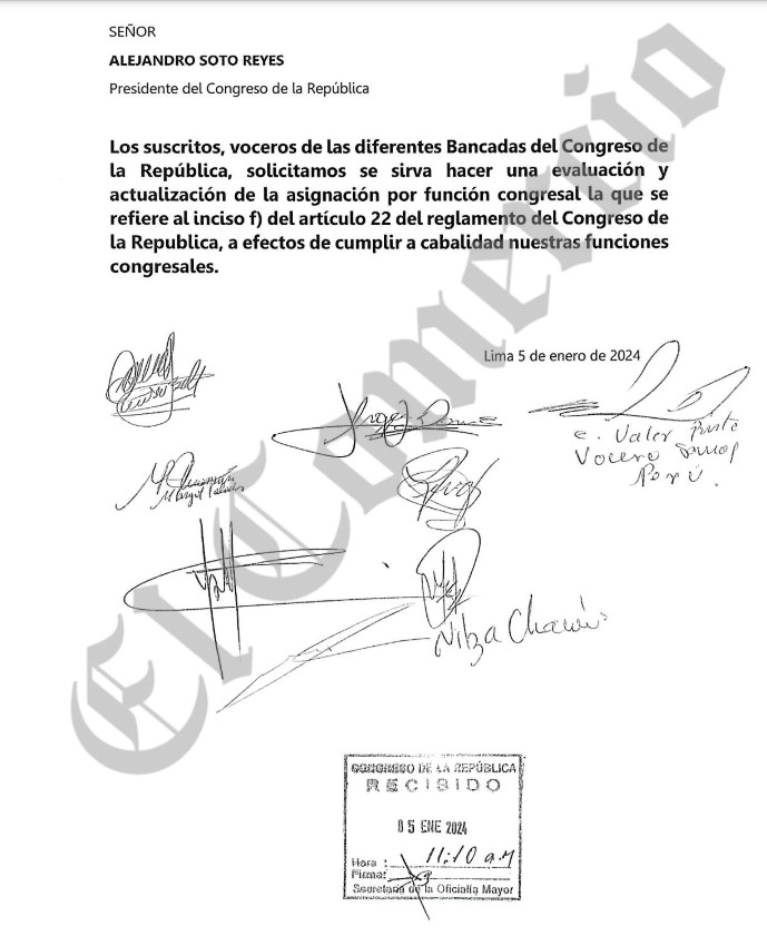 nekroRP's tweet photo. Estas son las firmas de los ocho voceros de bancadas que pidieron su aumento de pago por función congresal. Están Fuerza Popular (N. Chacón), Perú Libre (M. Palacios), APP (Salhuana) Acción Popular (D. Espinoza), Somos Perú (Valer), Perú Bicentenario (G. Bellido) @Politica_ECpe https://t.co/vRWWSbUqZc