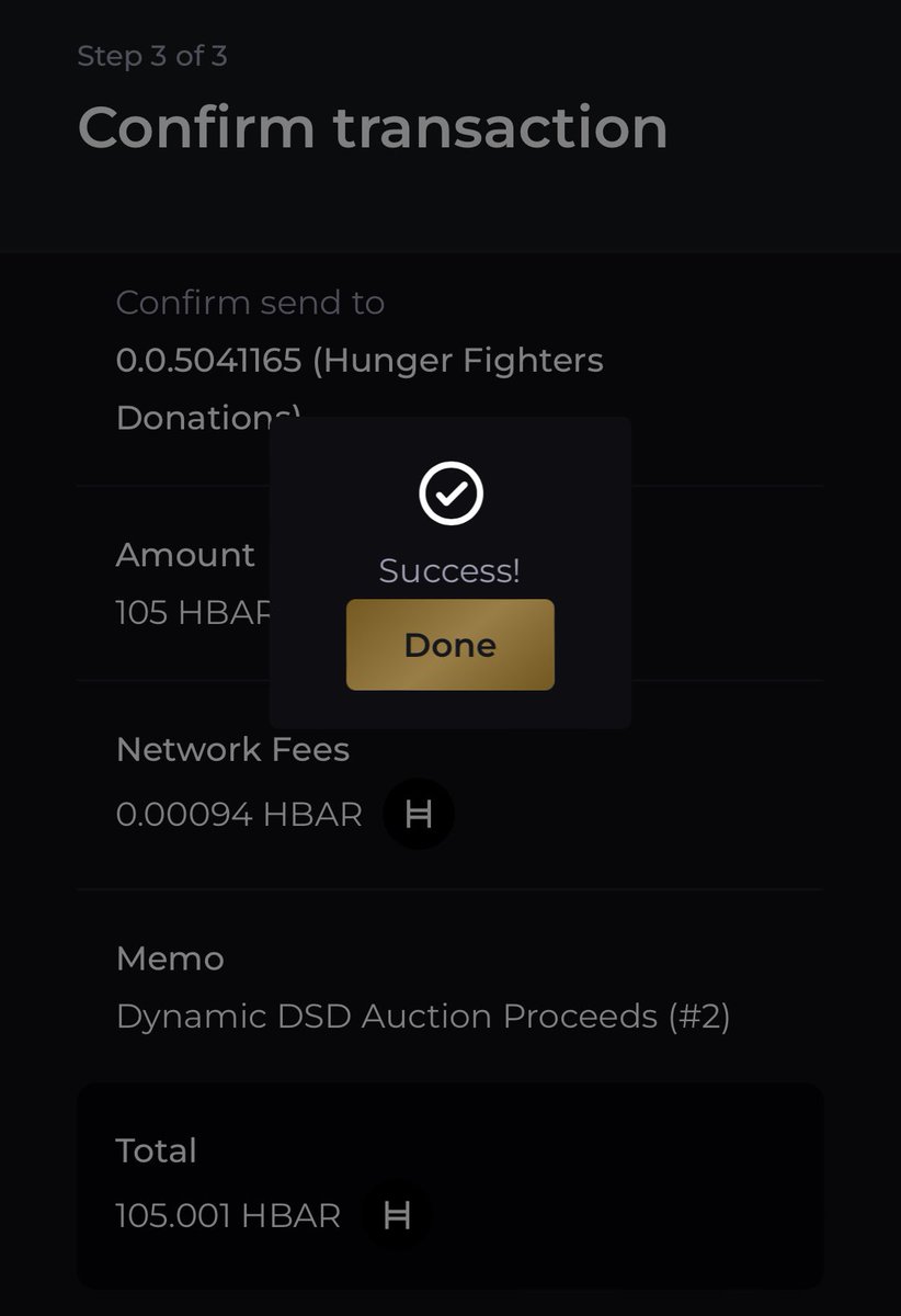 ✅ 100% of the auction proceeds have been donated to @HFighters24 🍽️

🙏 A huge THANK YOU to whomever owns wallet ID 0.0.38610 & facilitated this donation to a worthy cause ♥️

hashscan.io/mainnet/transa…

#HBARNFTs #HungerFighters