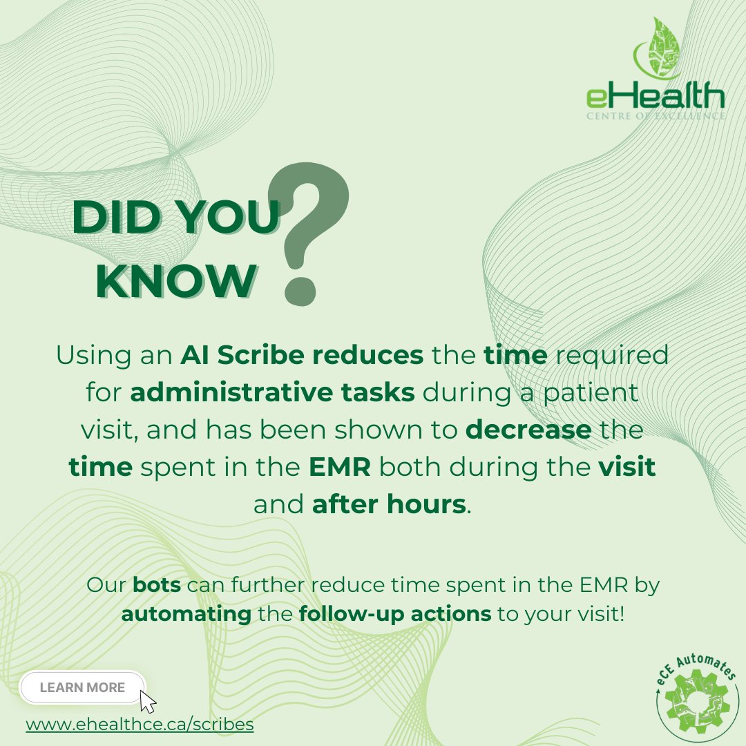 There are so many great benefits to using AI Scribe in primary care! Our team is also exploring how we can create even more efficiencies by automating the follow-up tasks (i.e., appointment booking) documented by the scribe technology. Learn more: ehealthce.ca/scribes