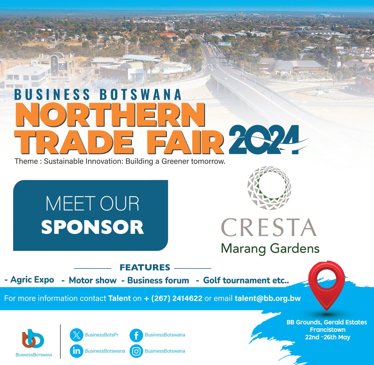 Meet our sponsor for the #28th Northern Trade Fair, Cresta Marang hotel.

Less than a 10-minute drive from Francistown city centre, nestled along the banks of the Tati River, lies the delightful Cresta Marang Gardens hotel, ensuring a memorable  experience for every guest.