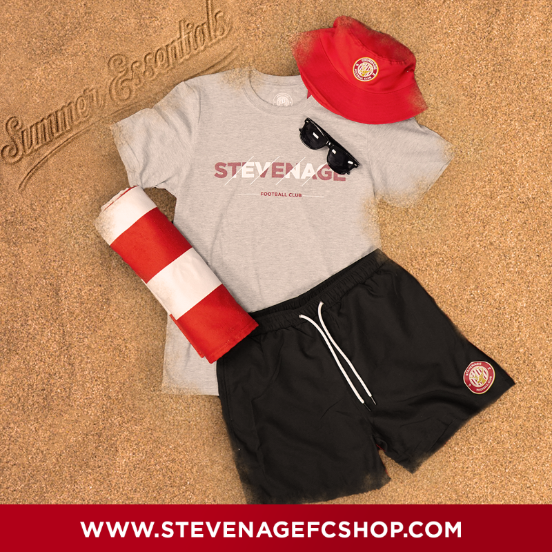 StevenageFC's tweet photo. Get ready for the heat with our new Stevenage Summer Essentials range in stock now. 😎

Hats, Tees, Trunks &amp; Towels - we've got you covered. 🩳

🛍️ https://t.co/jrawHMvLXN
