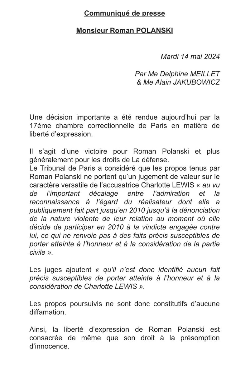 Communiqué de Presse de Roman Polanski. Victoire Judiciaire. # RomanPolanski