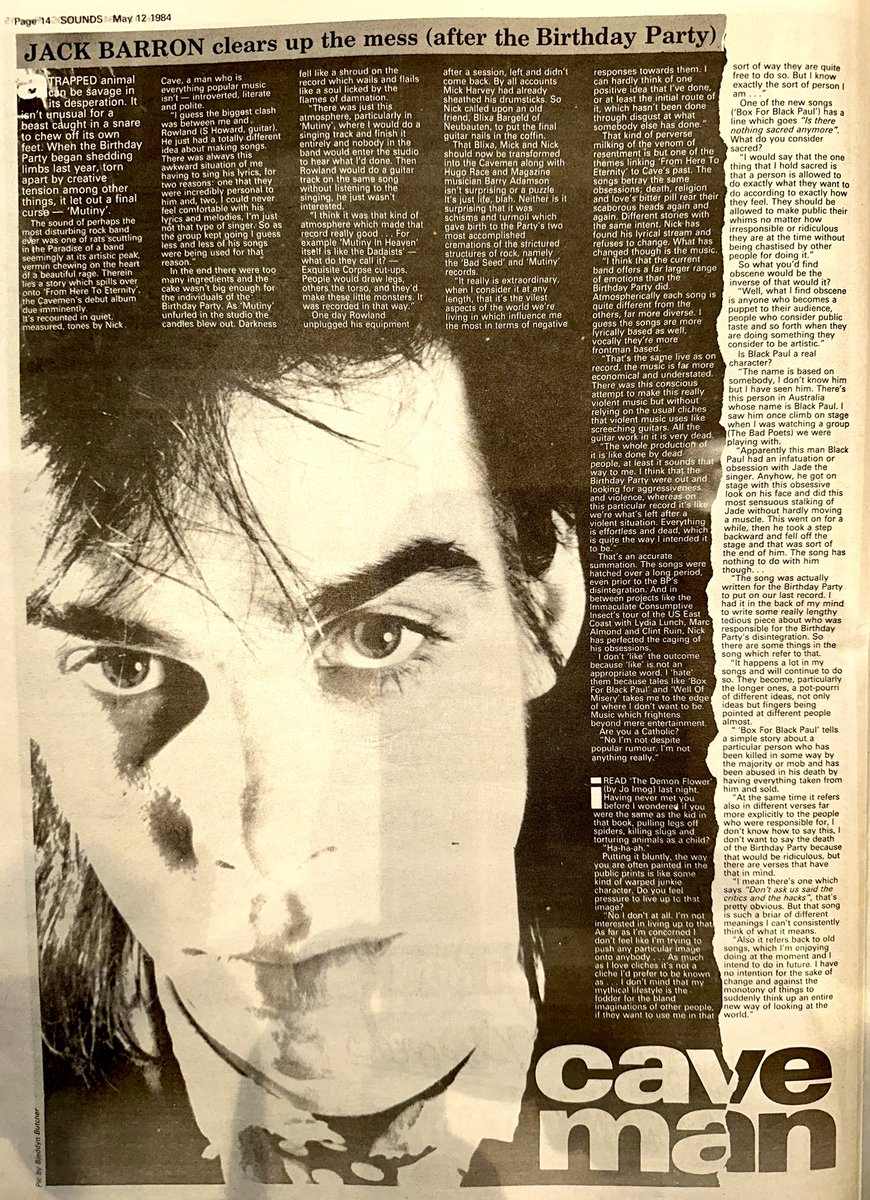 Jack Barron digs deep in to the cause & effect of the implosion of The Birthday Party.

 Nick Cave is happy to elaborate.

@nickcave 

Sounds May 12th 1984