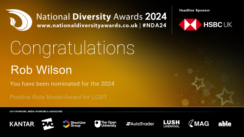 Congratulations to Rob Wilson @RobWilsonLtd who has been nominated for the Positive Role Model Award for LGBT at The National Diversity Awards 2024 in association with @HSBC_UK. To vote please visit nationaldiversityawards.co.uk/awards-2024/no… #NDA24 #Nominate #VotingNowOpen