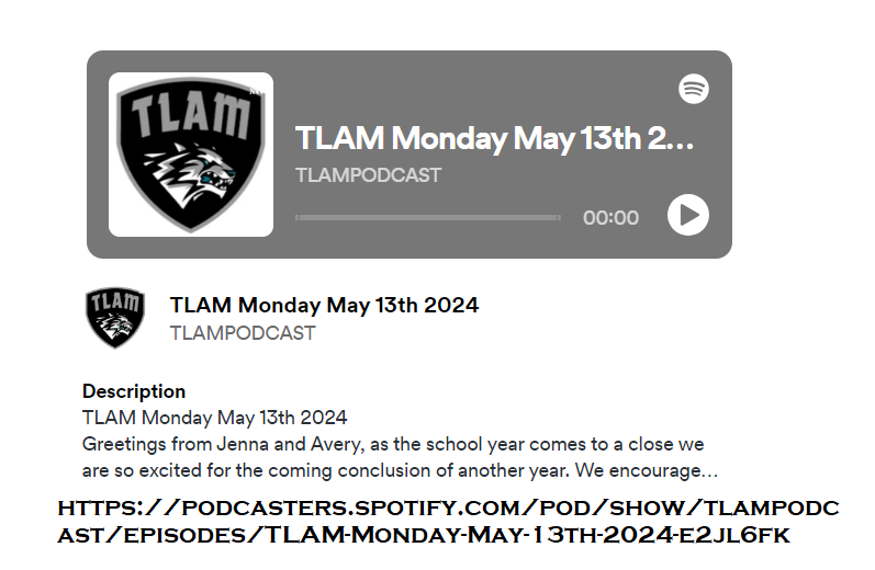 'TLAM Monday May 13th 2024 ' TLAMPODCAST podcasters.spotify.com/pod/show/tlamp…
 
#podcast #digitaltools #tlam #tlampodcast #metaversewp #myquesttoteach #timberwolves 
Sponsors P. Canepa W. Jackson 
@DuvalSchools  @wmetac 
@CityofJax  @Jaguars