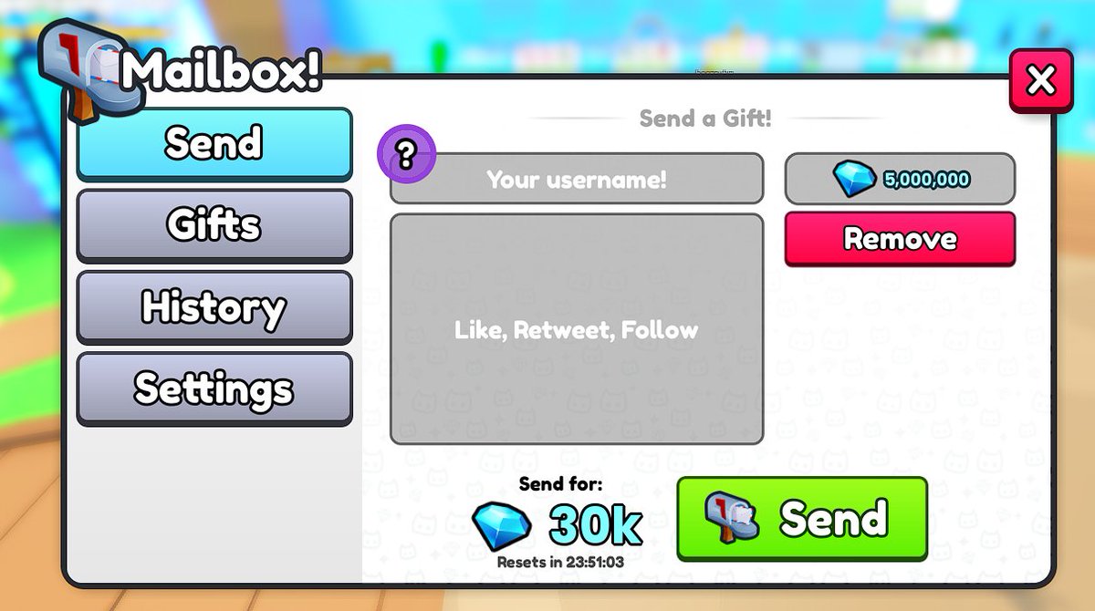 Another day, another giveaway🔥
5 million gems

- Follow Me
- Like (❤️) & Retweet (📷)
- Comment Your 'Roblox' User.

Extra entry: - Sub to my channel youtube.com/@RanVibez

Ends tomorrow
#roblox #robloxgiveaway #petsimulator99 #petsim99 #petsimulator #robloxart #petsimgiveaway