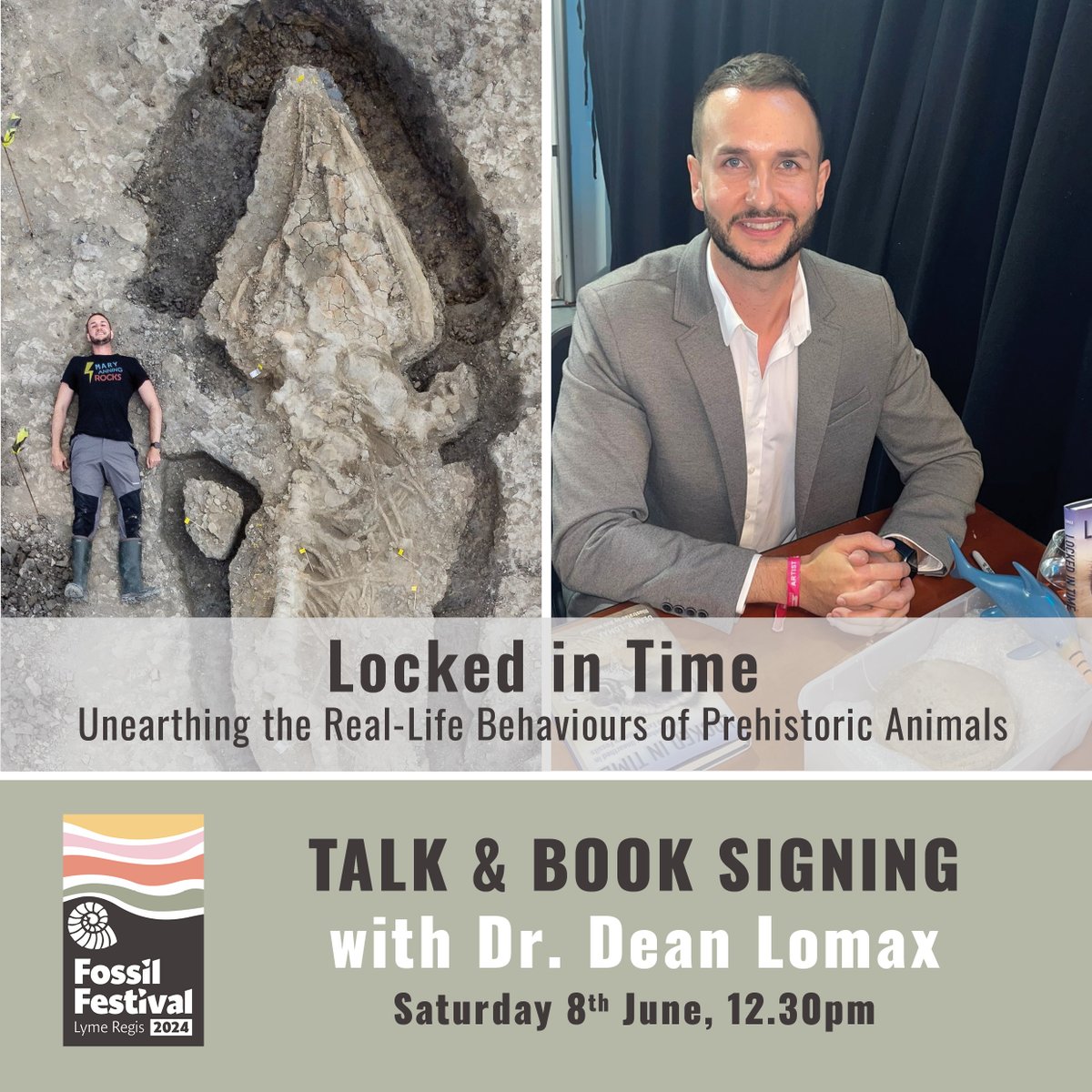 Fossil Festival TALK & BOOK SIGNING at The Marine Theatre, Lyme Regis. LOCKED IN TIME - Unearthing the Real-Life Behaviours of Prehistoric Animals'. Join acclaimed palaeontologist, author, and TV host @Dean_R_Lomax  for this fascinating talk on Saturday 8th June, one not to miss!