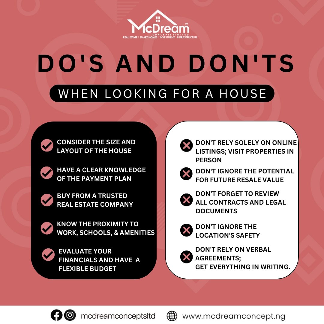 To buy your dream home follow these Do's  and don'ts outlined in our graphic above! 🏡
📞 Call us: 07038107029 or 08166678630.

#HomeBuyingTips #RealEstateAdvice #DreamHomeJourney #HouseHunting #DoAndDont #McDreamConceptsLtd #AbujaApartments #AbujaRealEstate #AbujaRealtor