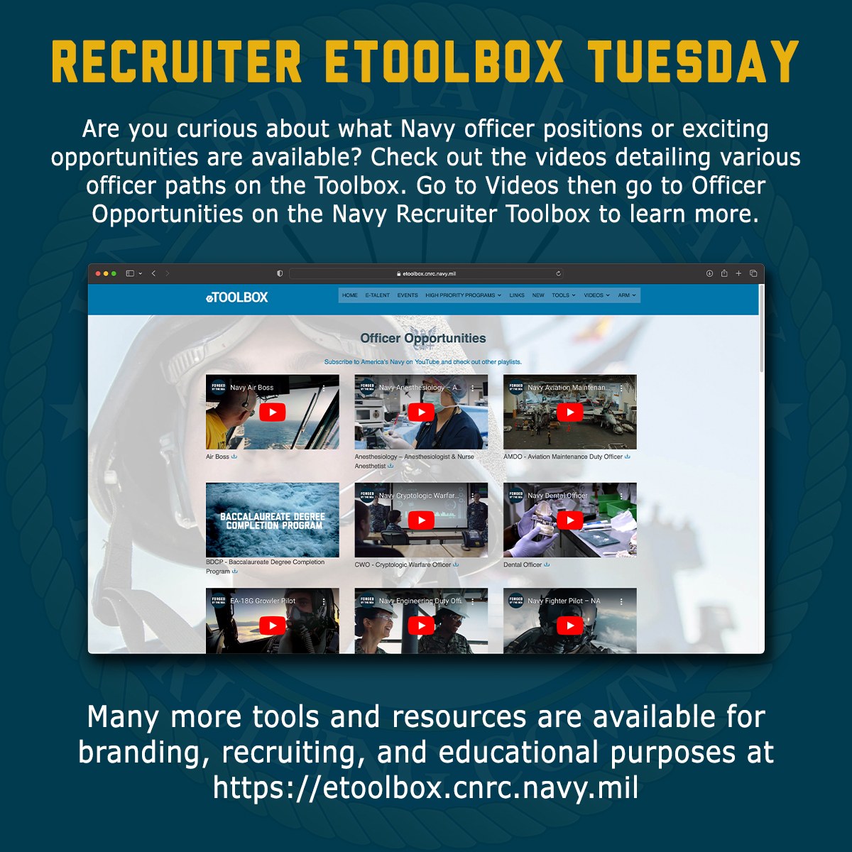 and resources available.
etoolbox.cnrc.navy.mil

#USNavy #Recruiting #Forgedbythesea