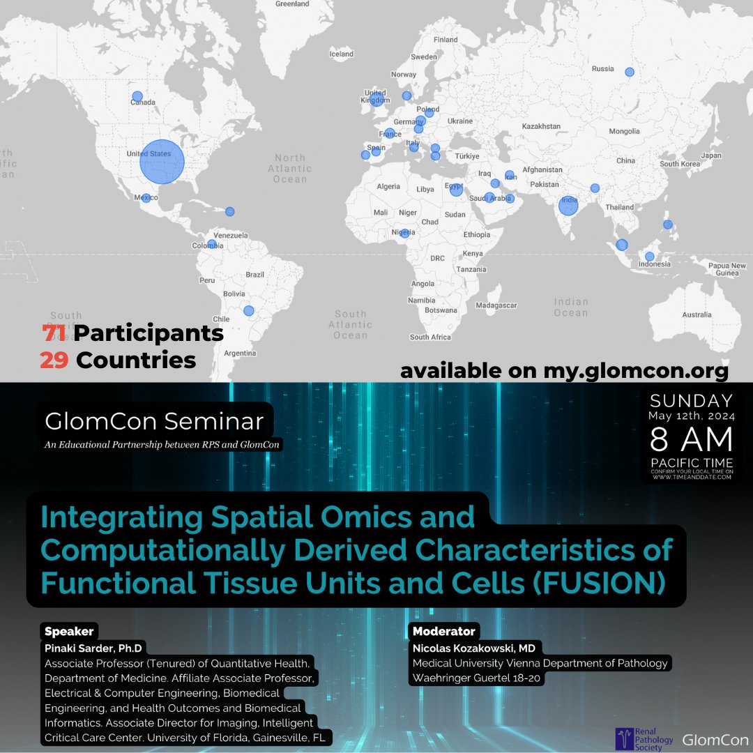 Integrating Spatial Omics and Computationally Derived Characteristics of Functional Tissue Units and Cells (FUSION) by Prof. Pinaki Sarder Total live participants: 71 From 29 countries Watch the session here 👉🏻 my.glomcon.org #GlomCon