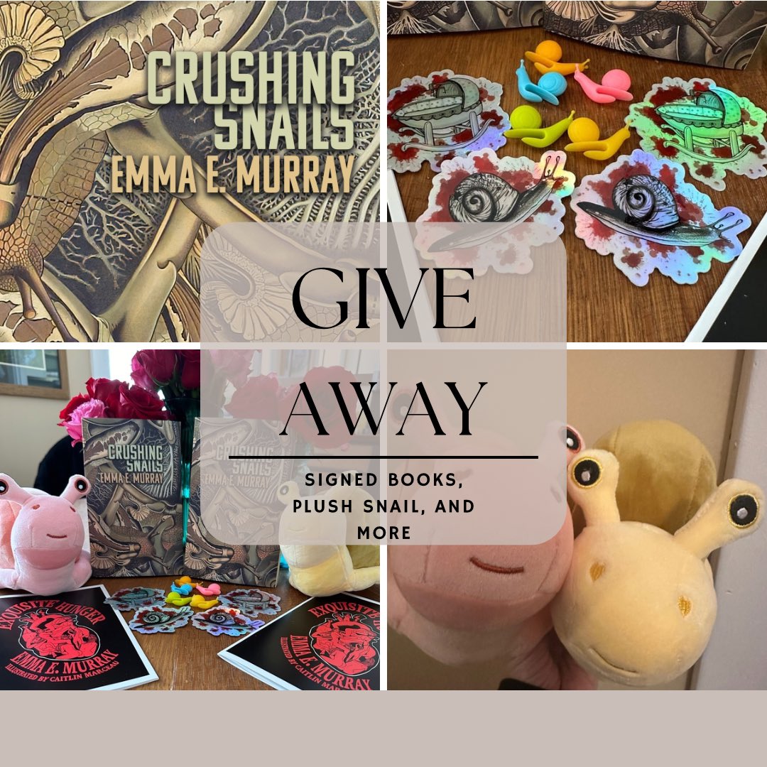 ✨⭐️🌟GIVEAWAY🌟⭐️✨ My debut novel, Crushing Snails, will be out August 6 from @apocpartypress and to get the word out, I’m giving away signed copies and a bunch of loot to TWO lucky winners!!!! To enter: 🐌follow me 🐌retweet 🐌comment your favorite horror book