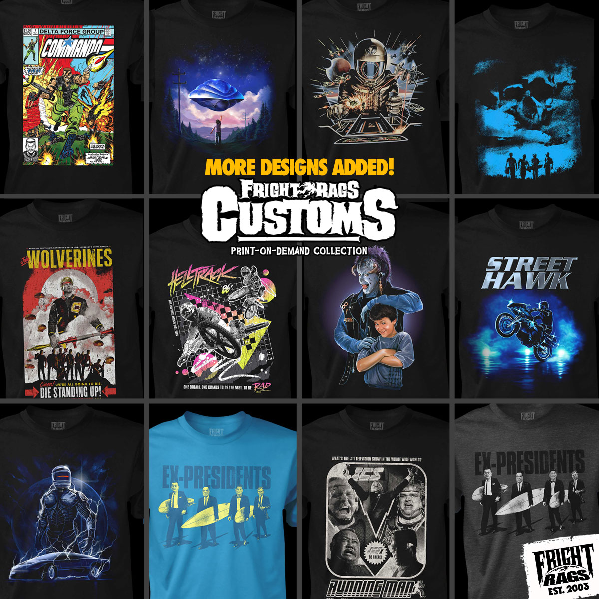 NOW AVAILABLE! 🚨 We just expanded our print-on-demand Fright-Rags Customs collection with a handful of classic non-horror designs. The Wraith, Commando, Little Monsters, The Running Man & MORE! Only at Fright-Rags 👉 SHOP: bit.ly/44HoqEs
