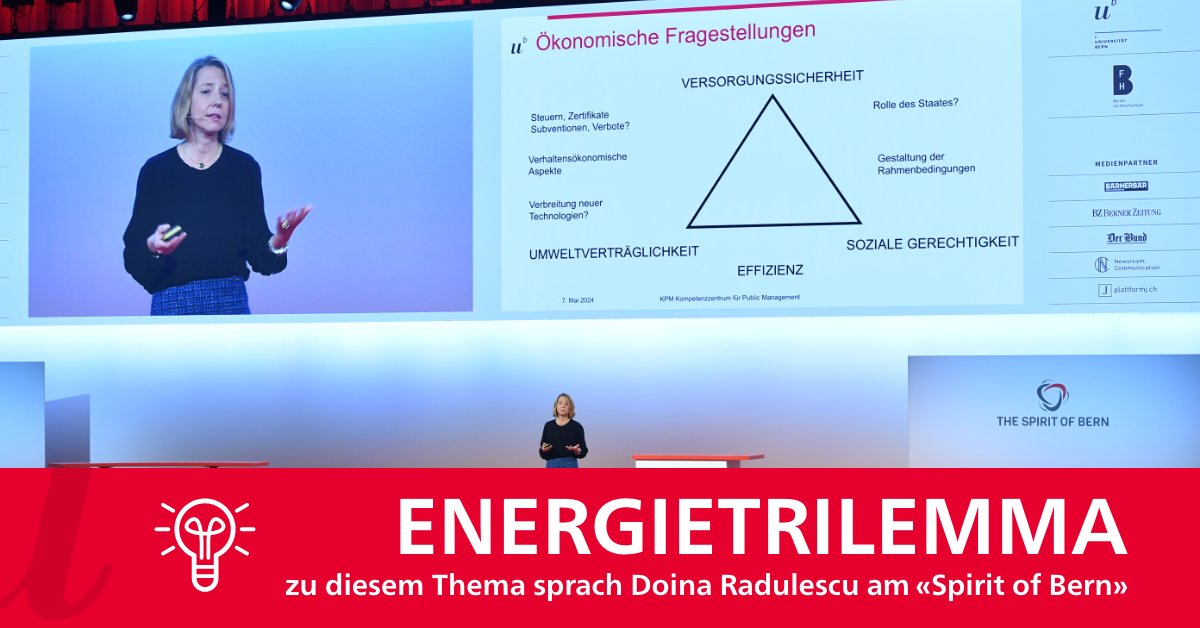 Am vergangenen @spiritofbern sprach Doina Radulescu #unibern zum «Energietrilemma»: Im Dreieck von #Versorgungssicherheit, #Umweltverträglichkeit und sozialer Gerechtigkeit komme es immer wieder zu Zielkonflikten. Ein Rückblick auf den #tsob24: sohub.io/syht.