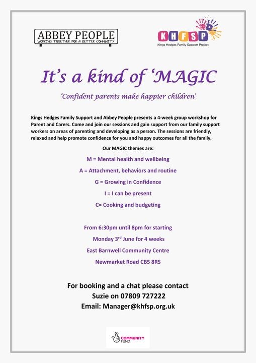 🆓✨ @AbbeyPeople is holding free four-week' MAGIC workshops designed to help parents build their confidence in their own parenting. 📍 6.30 pm - 8 pm, starting Mon 3rd June 🗺️ #EastBarnwellCommunityCentre, Newmarket Road, #Cambridge CB5 8RS 📞 7809 727222 #Parenting