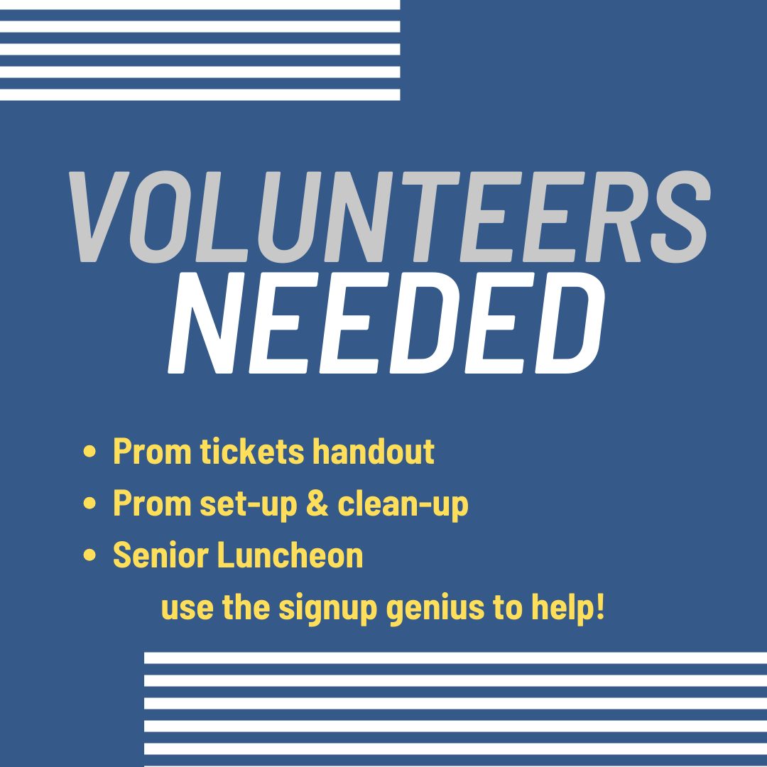 ATTENTION SENIOR PARENTS/FAMILIES! PLEASE USE SIGNUP GENIUS TO VOLUNTEER. TIA 
PROM TICKET HANDOUT: 
signupgenius.com/.../508044DACA…...
PROM SETUP/CLEANUP:
signupgenius.com/.../508044DACA…...
SENIOR LUNCHEON:
signupgenius.com/.../60B0A49A9A…...