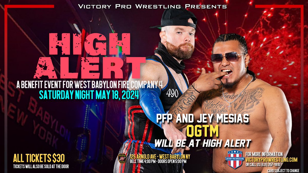 Tag team turmoil as VPW presents High Alert, this weekend. The Rat Bastards, The Body Snatchers, QGTM, and the Working Class will be in action! Limited seats available - get yours now at VictoryProWrestling.com #VPWSellsOut #fundraiser #westbabylon #wrestling