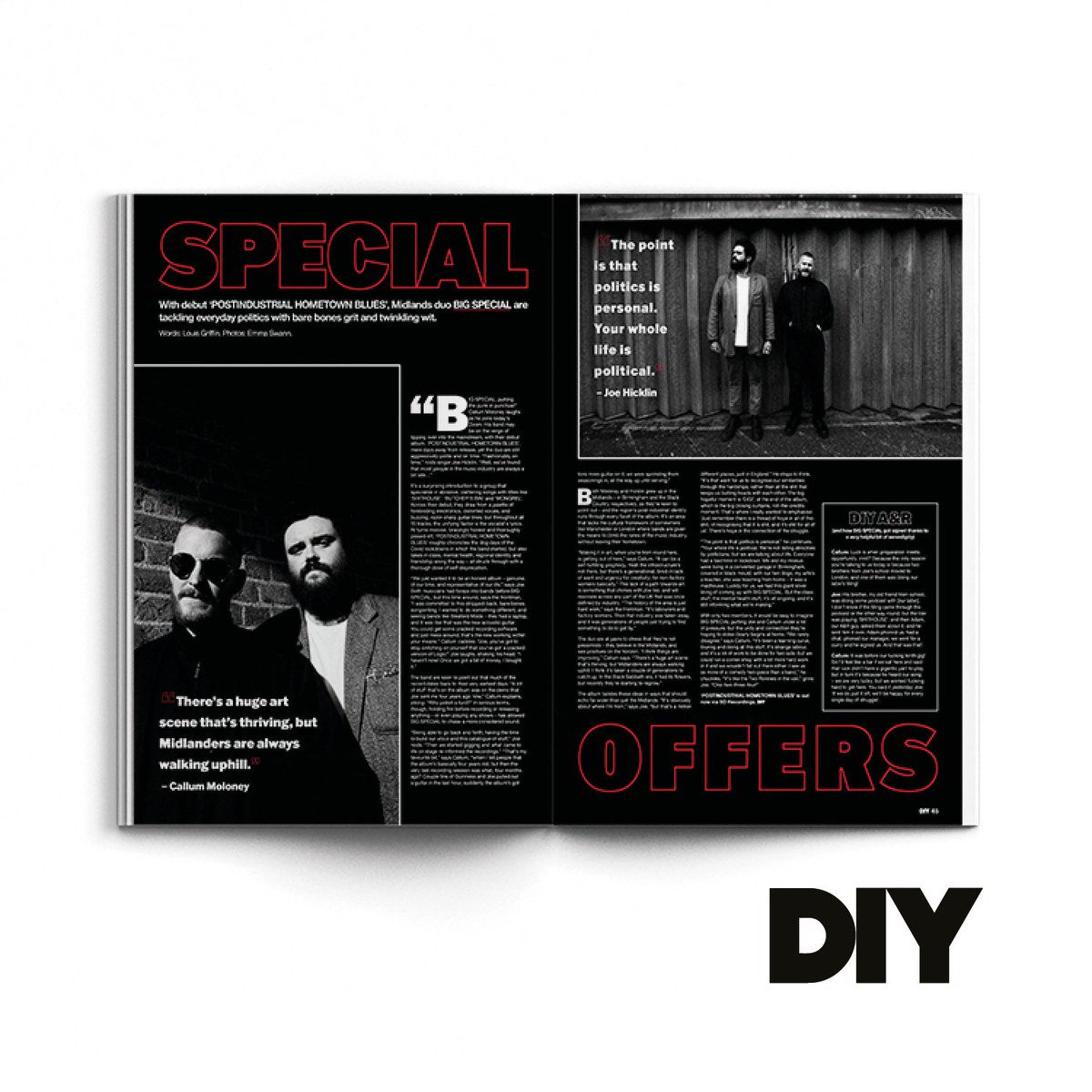 With their just-dropped debut ‘POSTINDUSTRIAL HOMETOWN BLUES’, Midlands duo @BIGSPECIAL_ are tackling everyday politics with bare bones grit and twinkling wit. Read the full interview and grab a copy of the May print mag here: diymag.com/interview/big-…