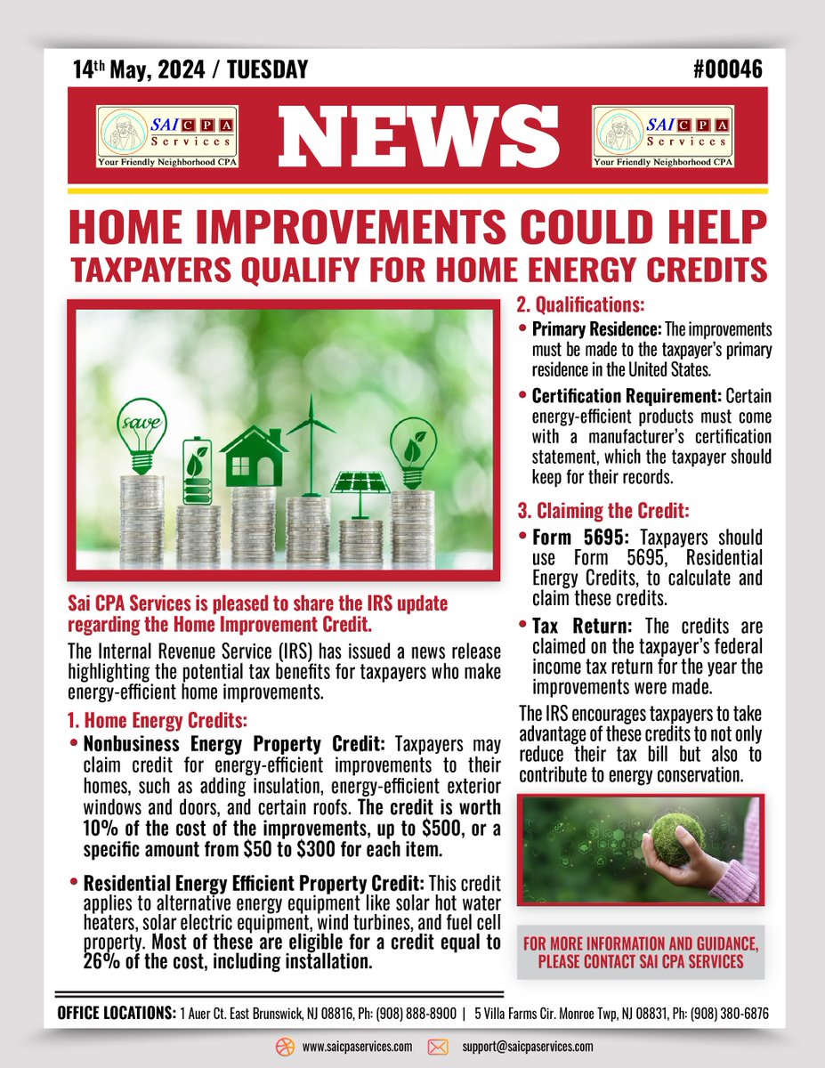 #Sai_cpa_news
HOME IMPROVEMENTS COULD HELP TAXPAYERS QUALIFY FOR HOME ENERGY CREDITS
Contact Us: saicpaservices.com
(908) 380-6876
#HomeImprovement #EnergyEfficiency #TaxCredits #HomeEnergy #Renovation #SaveMoney #GreenLiving #Saicpaservices #saicpanews