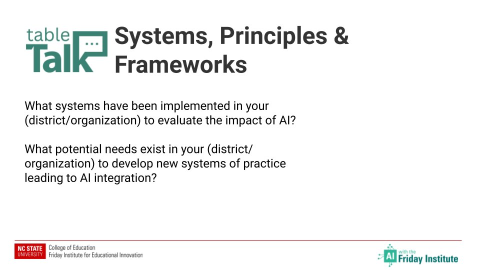 During our first Table Talk discussion with edtech leaders, educators, education partners, technology leaders and education researchers, we discussed systems, principles and frameworks for #AI integration in #K12. #AIwiththeFI