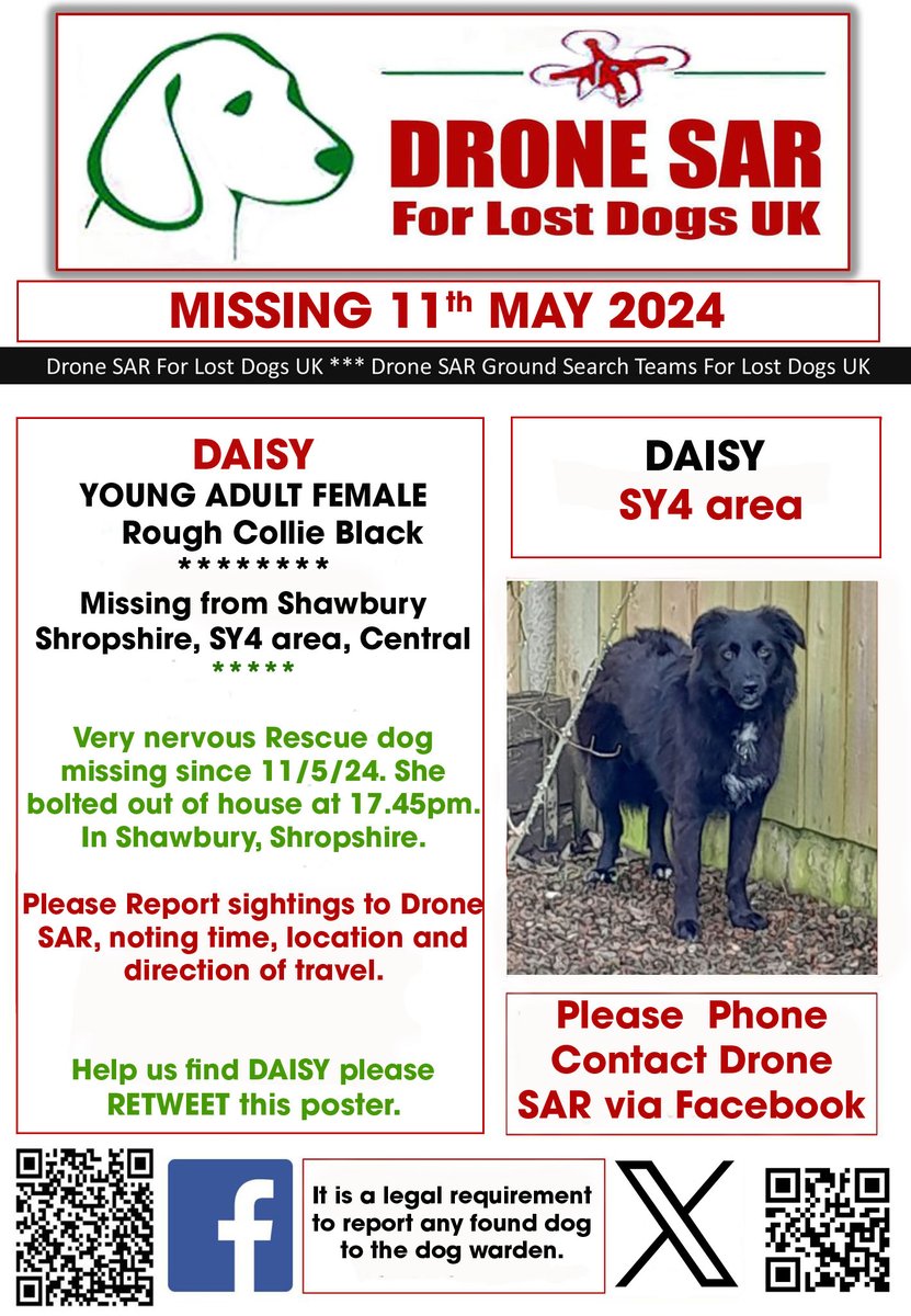 #LostDog #Alert DAISY Female Rough Collie Black (Age: Young Adult) Missing from Shawbury Shropshire, SY4 area, Central on Saturday, 11th May 2024 #DroneSAR #MissingDog