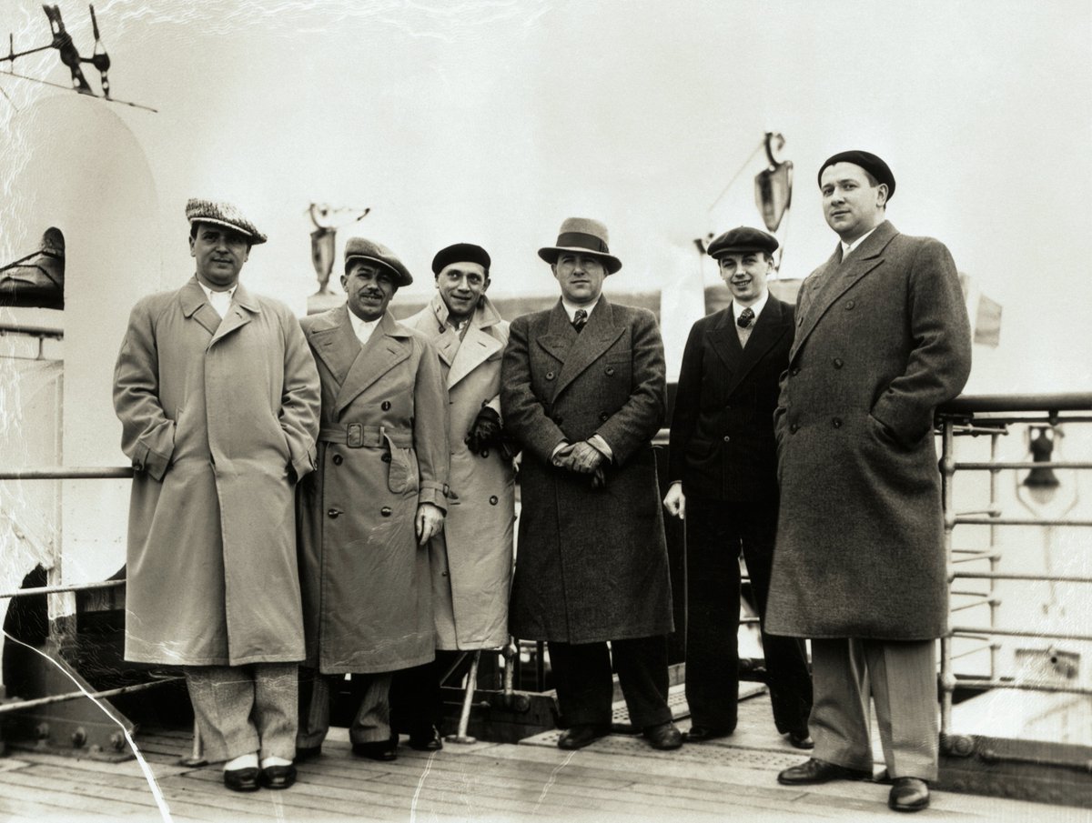 Today in 1934, the Comedian Harmonists, an all-male German singing ensemble made up of both Jewish and non-Jewish members, arrived in New York City aboard the SS Europa for an American tour. Earlier that year, the Nazis had banned them from performing in Germany. (Getty Images)