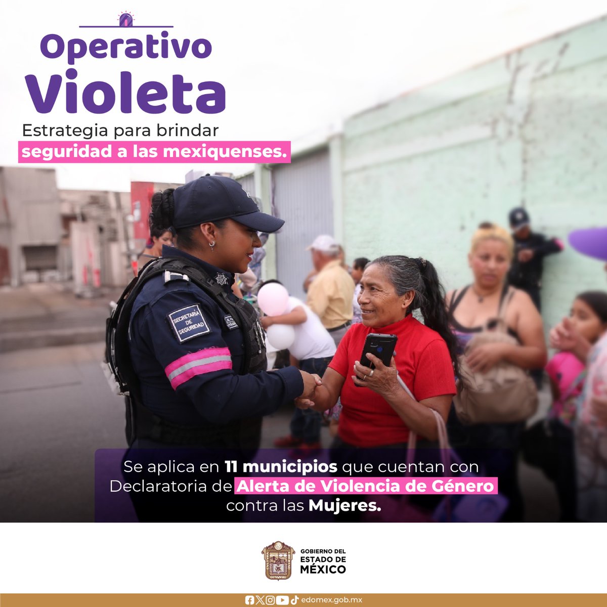 El Operativo Violeta es una estrategia implementada en el Estado de México para salvaguardad la seguridad de las mexiquenses. Se aplica en once municipios de la entidad, que cuentan con Alerta de Violencia de Género contra las Mujeres.